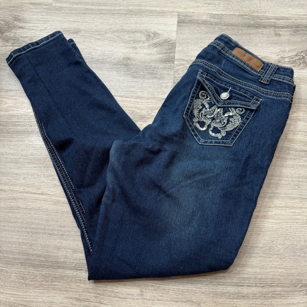 Gogo Jeans Womens Skinny Distressed Dark Wash Sequin Flap Pocket‎ Denim Size 11